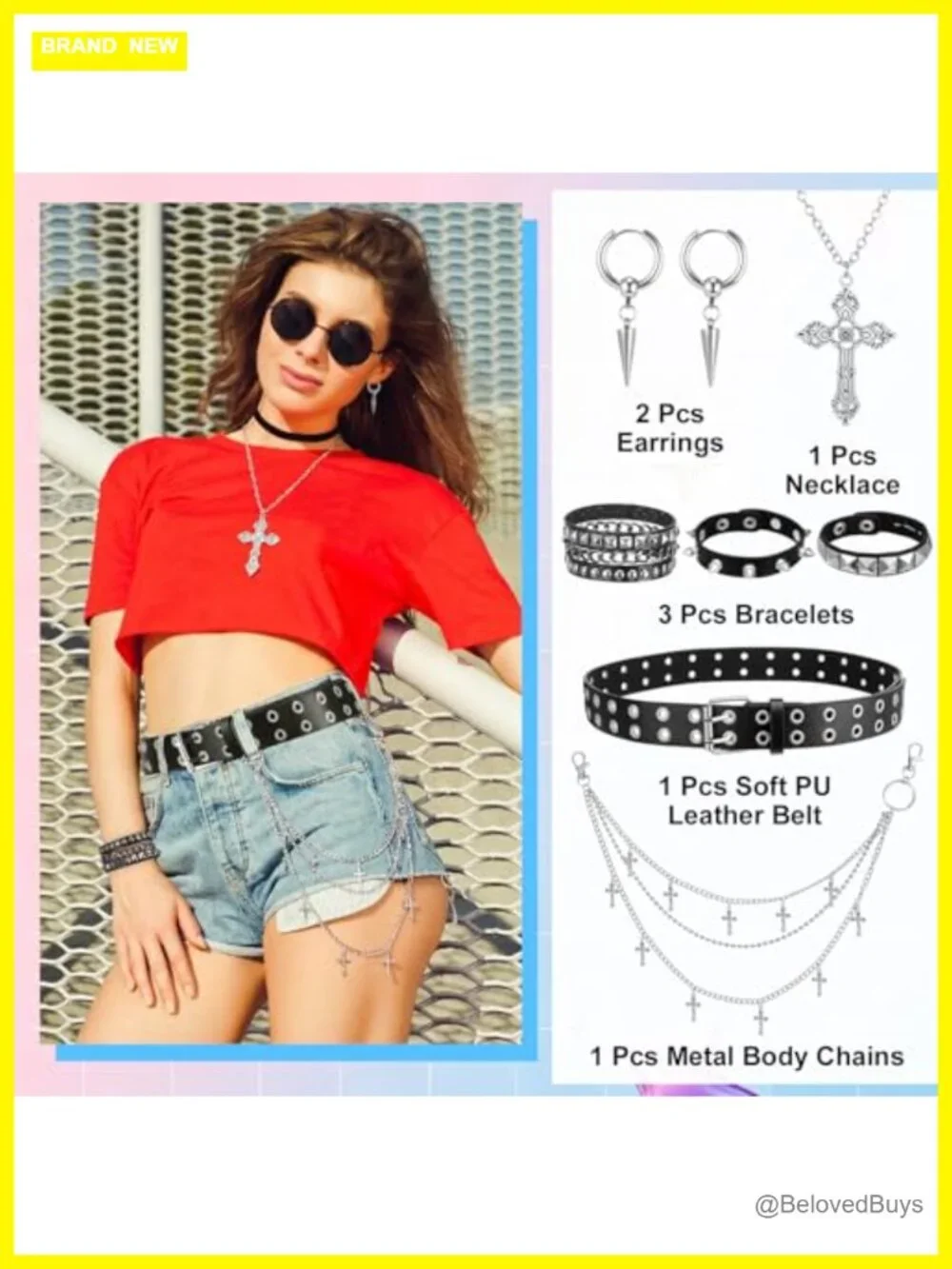 JATEBI 8Pc Studded PU Leather Belt Set Star Chain Y2K Punk